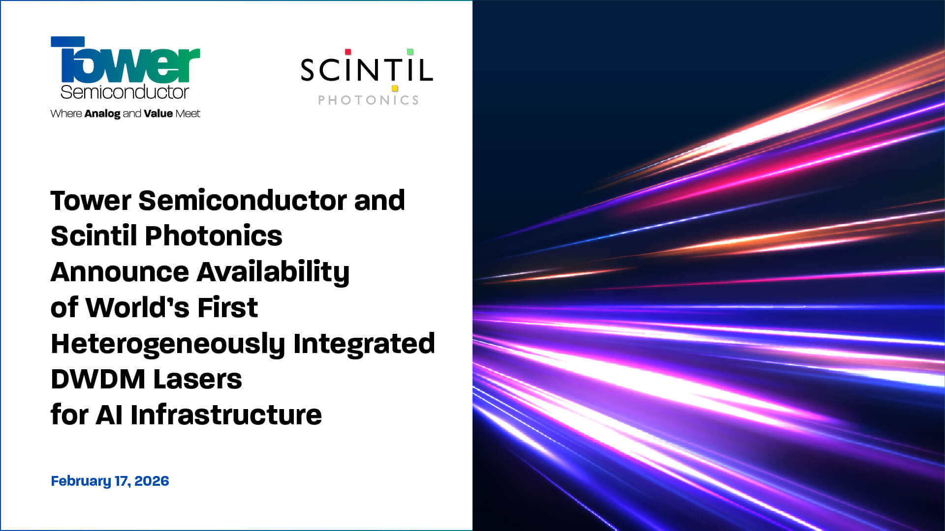 Tower Semiconductor and Scintil Photonics Announce Availability of World’s First Heterogeneously Integrated DWDM Lasers for AI Infrastructure